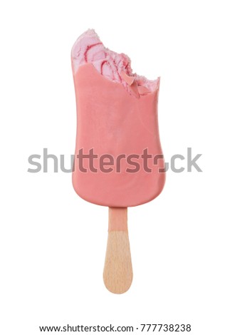 Bitten strawberry ice cream in pink glaze isolated on white background.