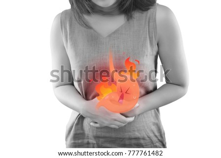 The Photo Of Cartoon Stomach On Woman's Body Against White Background, Acid Reflux Disease Symptoms Or Heartburn, Concept With Healthcare And Medicine