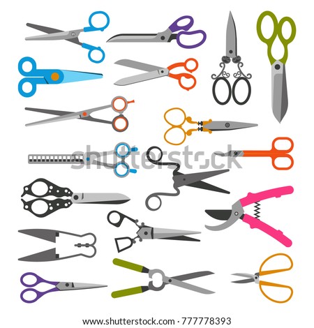 Scissor vector set professional pair of scissors cutting hair or scissoring with cutter and pruning shears prune or secateurs cut in garden illustration isolated on white background