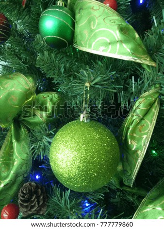closeup of decorations on Christmas tree