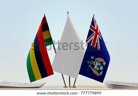 Flags of Mauritius and Ascension Island with a white flag in the middle