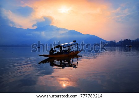 A Shikara boat on Dal lake in Srinagar, Jammu and Kashmir, India