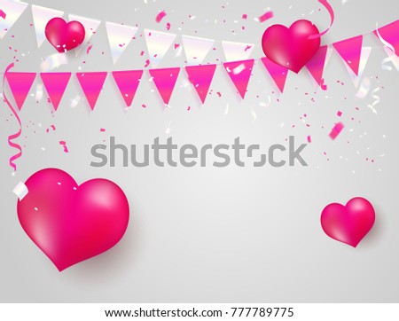 Pink heart White balloons, confetti concept design template Happy Valentines Day, greeting background. Celebration Vector illustration.