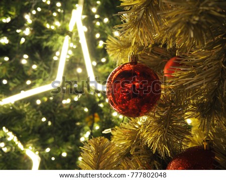 Chirstmas tree decorate with star shape lights, balls, Merry Chirstmas concept.  Royalty-Free Stock Photo #777802048