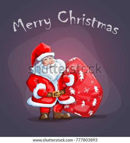 greeting card with Santa Claus in red coat with bag of gifts on sirenevom background