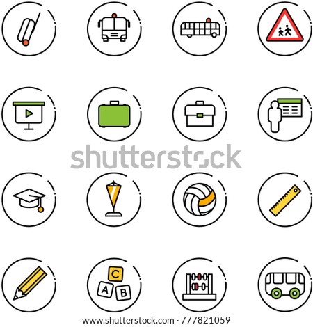 line vector icon set - suitcase vector, airport bus, children road sign, presentation board, case, portfolio, graduate hat, pennant, volleyball, ruler, pencil, abc cube, abacus, toy