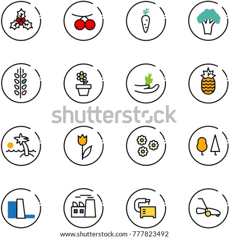 line vector icon set - holly vector, rowanberry, carrot, broccoli, spica, flower pot, hand sproute, pineapple, palm, tulip, forest, water power plant, machine tool, lawn mower