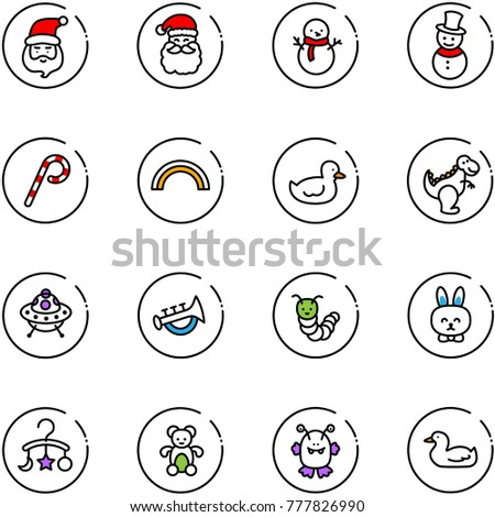 line vector icon set - santa claus vector, snowman, lollipop, rainbow, duck toy, dinosaur, ufo, horn, caterpillar, rabbit, baby carousel, bear, monster
