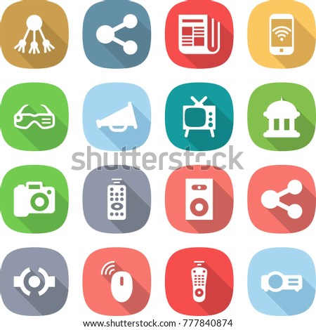 flat vector icon set - share vector, newspaper, phone wireless, smart glasses, loudspeaker, tv, goverment house, camera, remote control, speaker, connect, mouse, projector