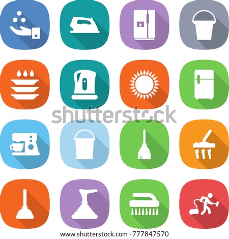 flat vector icon set - chemical industry vector, iron, fridge, bucket, plate washing, kettle, gas oven, coffee maker, broom, vacuum cleaner, plunger, brush