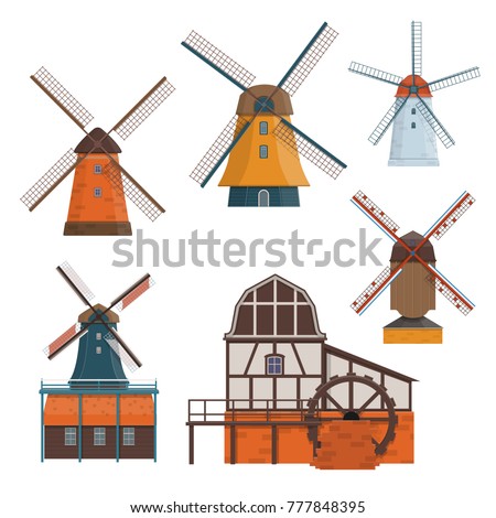 Set of traditional rural windmill and watermill. Vector illustration Royalty-Free Stock Photo #777848395