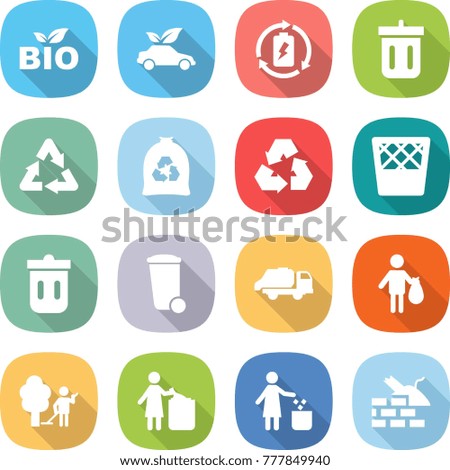 flat vector icon set - bio vector, eco car, battery charge, bin, recycle, garbage bag, recycling, trash, truck, garden cleaning, construct