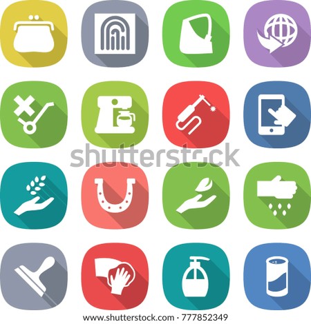 flat vector icon set - purse vector, fingerprint, broken hand, delivery, do not trolley sign, coffee maker, welding, touchscreen, harvest, horseshoe, leaf, sow, scraper, wiping, liquid soap
