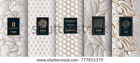 Collection of design elements,labels,icon,frames, for packaging,design of luxury products.Made with golden foil.Isolated on silver background. vector illustration