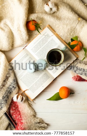 Top view blue coffee cup on the open book with winter essentials clementine mandarin, plaid and glowing christmas lights on the white wooden window sill. Christmas, holiday morning comfort concept