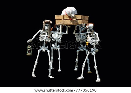 Skeleton army ghost walking corpse on a beautiful black background.