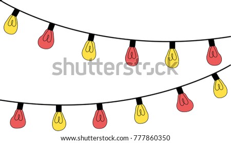 Greeting Card Happy New Year and Merry Christmas. A festive garland of yellow and red light bulbs. Christmas decor. Isolated garland. Cute drawing on white background. Clip Art of Christmas decor.