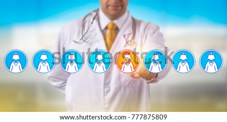 Unrecognizable health care service provider is selecting one female nurse icon in a lineup of eight. Healthcare concept for medical recruitment, staffing, talent acquisition and human resources.