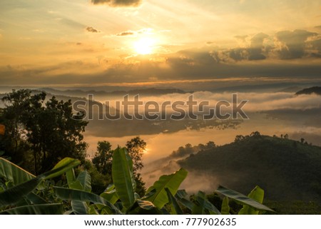 Landscape photo during sunrise and fog over Mekong river at the early morning ,shooting from the top of the mountain called  Phu-Huay-Esan hill located in Amphoe Sangkom, Nongkhai province,Thailand.
