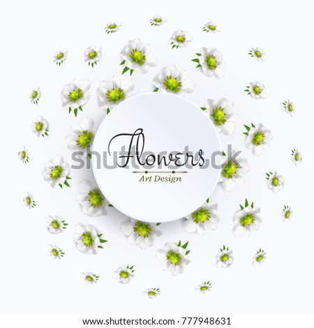 Vector square banner with realistic spring buds. Floral round splash with frame for text. Confetti of white flowers.
