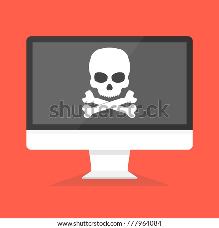 Computer with skull on the screen. Concept of virus, piracy, hacking and security. Vector illustration.