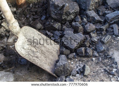 Dirty shovel & pieces of coal. Stove heating. Secutity of energy supply. Closeup. Selective focus Royalty-Free Stock Photo #777970606
