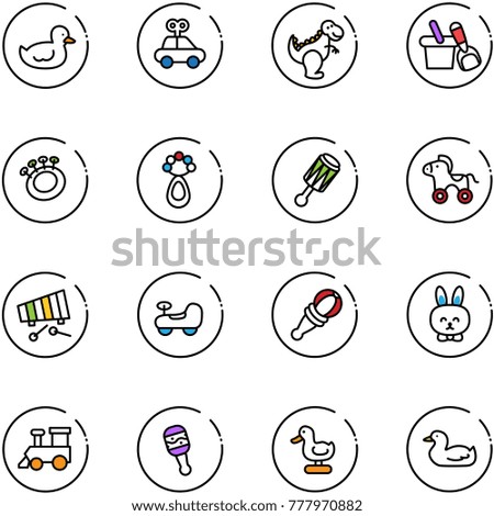 line vector icon set - duck toy vector, car, dinosaur, shovel bucket, beanbag, wheel horse, xylophone, baby, rabbit, train