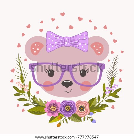 Cute bear girl with flowers. Vector illustration for print on t-shirt and other uses