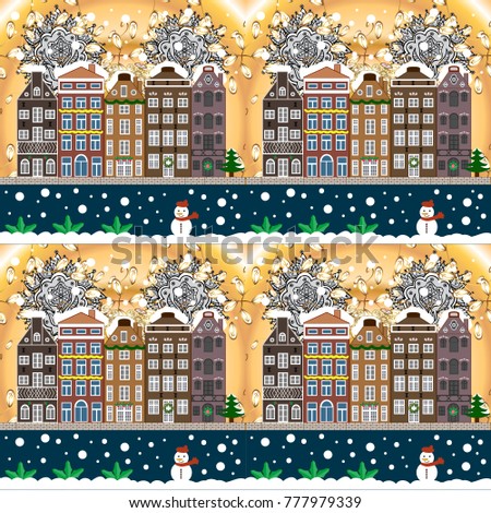 Winter nature landscape. Fabric print. Fir-trees. Vector illustration. Winter city with trees, cute houses, sun.