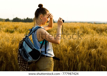 Young girl looks at the sunset on a summer evening at the edge of a rye field