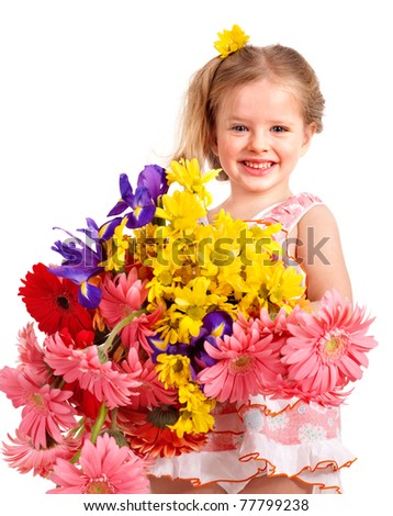 Happy child holding bunch of flowers.