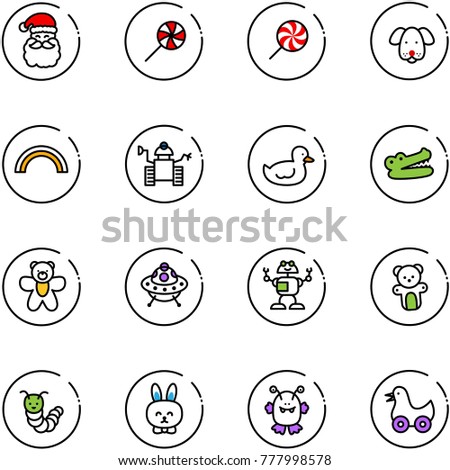 line vector icon set - santa claus vector, lollipop, dog, rainbow, robot, duck toy, crocodile, bear, ufo, caterpillar, rabbit, monster