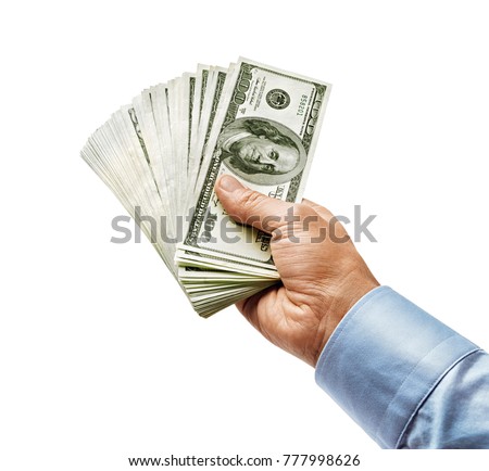 Man's hand in shirt giving money isolated on white background. High resolution product. Close up