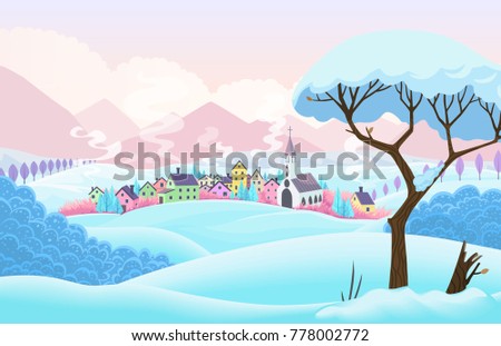 Winter card with village and tree