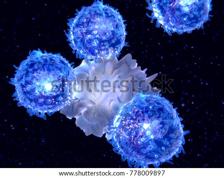 Dendritic cell  presenting an antigen to  T-lymphocytes. The antigen is a peptide from a tumor cell, bacteria or virus. They present antigens to lymphocytes activating an immune response. 3d rendering Royalty-Free Stock Photo #778009897