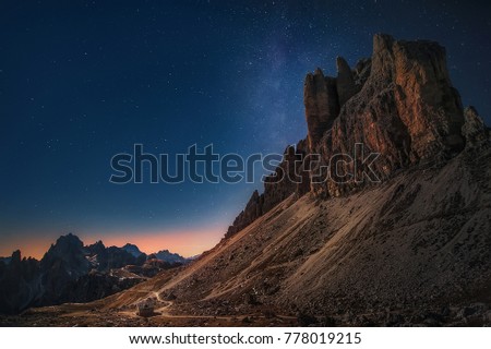 beautiful night  panoramic mountain view with milky way  of  Dolomites Alps, Italy.  natural background