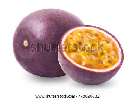 Passion fruit isolated. Whole passionfruit and a half of maracuya isolated on white background. Clipping path included. Royalty-Free Stock Photo #778020832