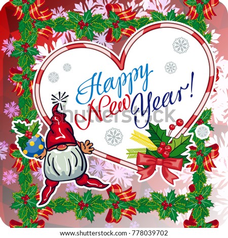 Square holiday card with funny gnomes and greeting text "Happy New Year!" Vector clip art.