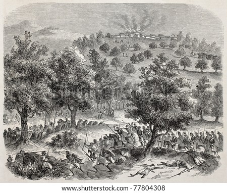 Old illustration of battle between French army and Algerian resistence in Kabylie.Created by Girardin, published on L'Illustration Journal Universel, Paris, 1857