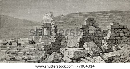 Old illustration of theater and stadium ruins in Aizani, antique Phrygian city. Turkey. Created by Gaiaud, published on Le Tour du Monde, Paris, 1864