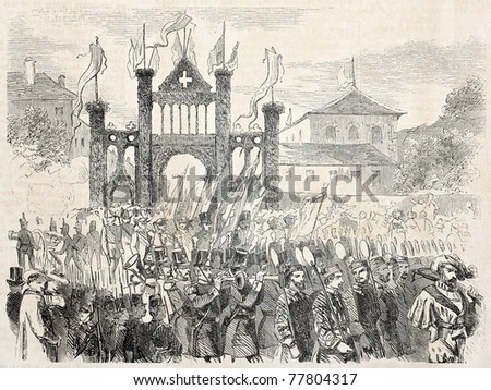 Old illustration of Federal shooting procession in Berne, Switzerland. By unidentified author, published on L'Illustration Journal Universel, Paris, 1857