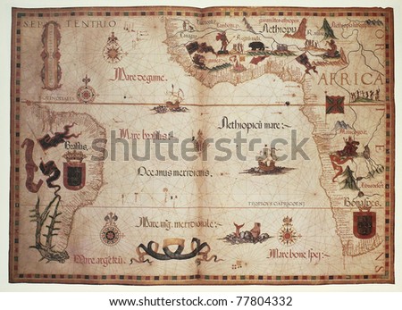 Old Portolan chart of Atlantic Ocean. Created by Diego Homem, published in England, 1558.