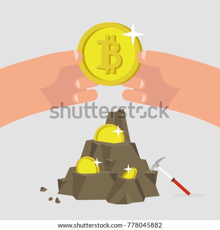 Bitcoins, conceptual illustration. A character mining the cryptocurrency with a pickaxe. POV. Flat editable vector illustration, clip art
