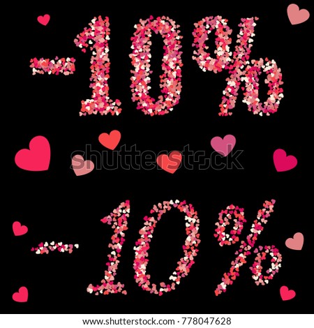 Valentines Day 10 percents discount mape from hearts confetti isolated on black background