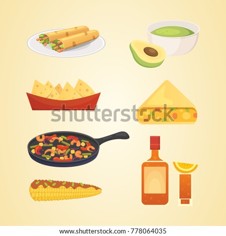 Mexican cuisine cartoon dishes illustration set vector