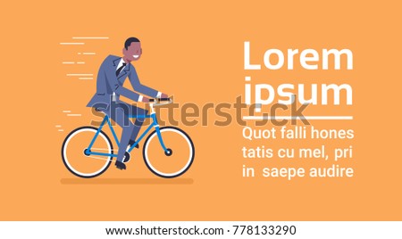 African American Business Man In Suit Ride Bicycle Over Template Blue Background With Copy Space Flat Vector Illustration