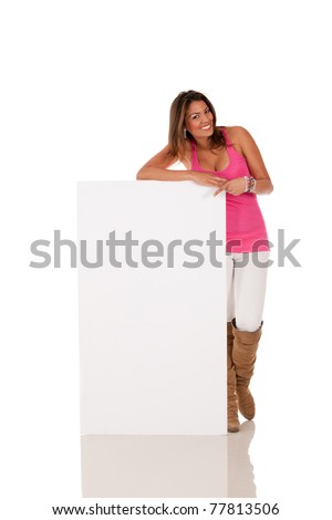 Fullbody woman with a banner ad - isolated over a white background