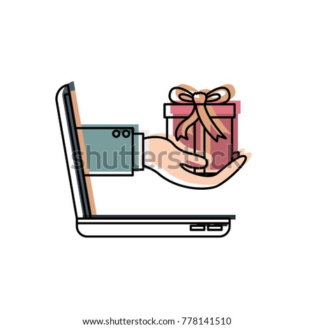 laptop computer and hand holding gift box of purchase online in watercolor silhouette