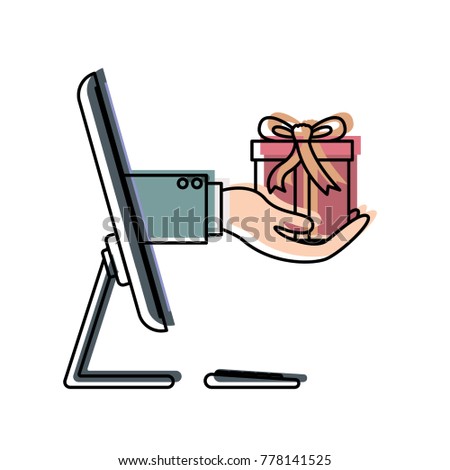 desktop computer and hand holding gift box of purchase online in watercolor silhouette