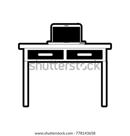 desk table with drawers and laptop computer above in front view in black silhouette